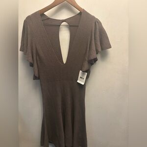 Free People Tasha Knit Mini Dress Dark Grey Flutter Sleeve Keyhole Size S